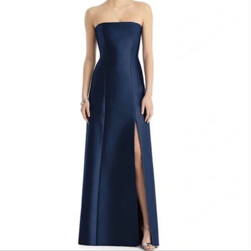 ALFRED SUNG Strapless Navy Satin Maxi Gown with Thigh Slit